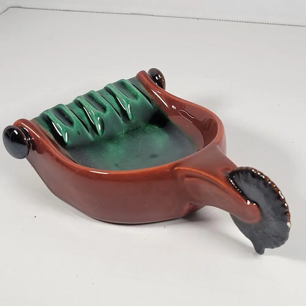 Vintage Green and Brown Spur Ashtray with Handle, Mid-Century Modern Farmhouse
